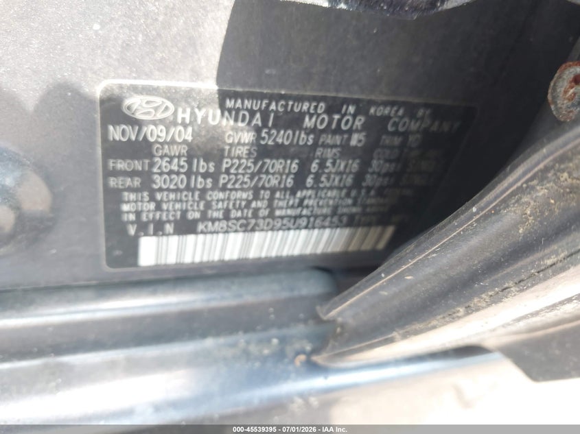 2005 Hyundai Santa fe VIN KM8SC73D95U916453 IAAI salvage auction — NORMAL WEAR, Clear (New York), sold $700 on 2026-07-14 (photo 9)