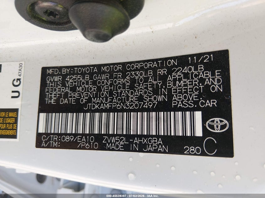 2022 Toyota Prius VIN JTDKAMFP6N3207497 IAAI salvage auction — FRONT END, Salvage (Arkansas), sold $8,000 on 2026-07-30 (photo 9)