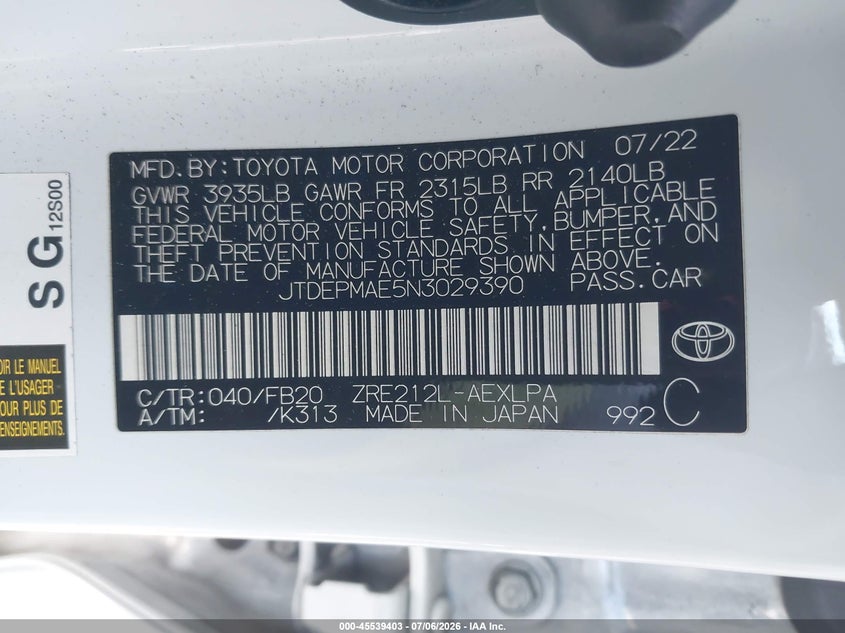 2022 Toyota Corolla VIN JTDEPMAE5N3029390 IAAI salvage auction — FRONT END, Salvage (California), sold $4,000 on 2026-08-01 (photo 9)