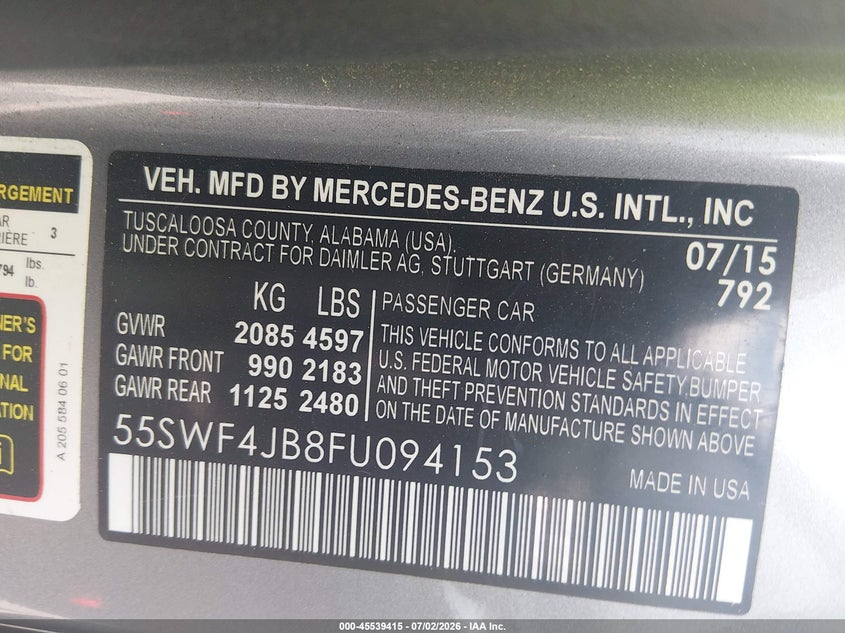 2015 Mercedes-benz C-klasse VIN 55SWF4JB8FU094153 IAAI salvage auction — FRONT END, Salvage (South Carolina), sold $3,350 on 2026-07-26 (photo 9)