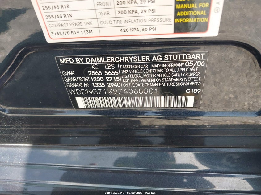 2007 Mercedes-benz S class VIN WDDNG71X97A068801 IAAI salvage auction — NORMAL WEAR, Clear (Florida), sold $600 on 2026-07-17 (photo 9)