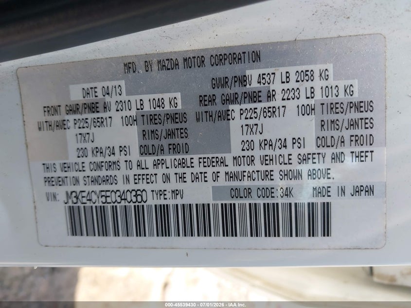 2014 Mazda Cx-5 VIN JM3KE4CY5E0340360 IAAI salvage auction — NORMAL WEAR, Clear (New Jersey), sold $2,250 on 2026-07-16 (photo 9)