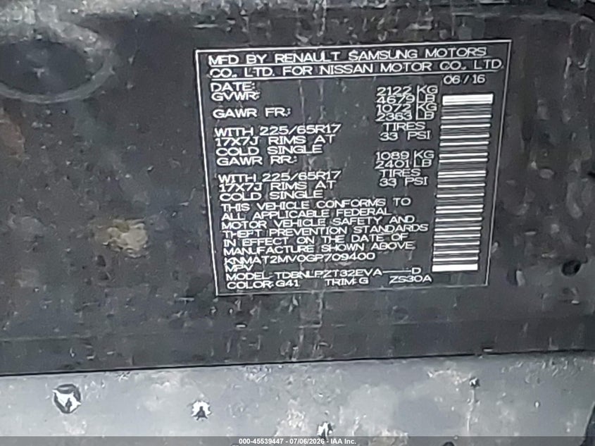 2016 Nissan Rogue VIN KNMAT2MV0GP709400 IAAI salvage auction — FRONT END, Mv-907A (New York), sold $425 on 2026-07-28 (photo 9)