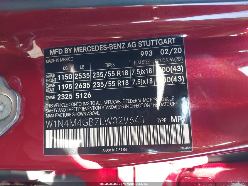 2020 Mercedes-benz Glb VIN W1N4M4GB7LW029641 IAAI salvage auction — RIGHT FRONT, Salvage Title, sold $9,700 on 2026-07-17 (photo 9)