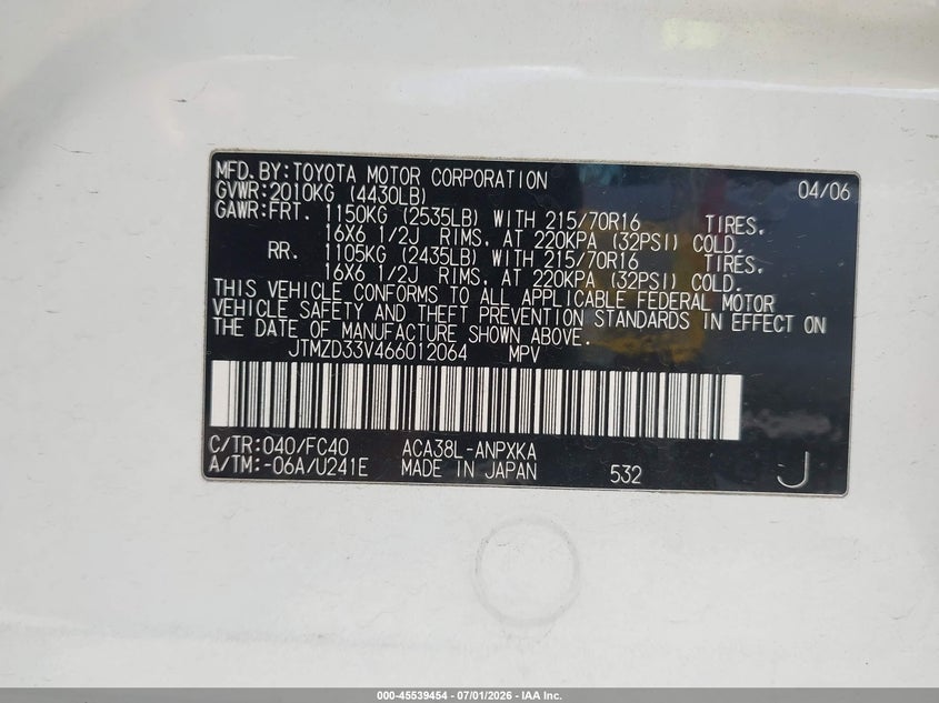 2006 Toyota Rav4 VIN JTMZD33V466012064 IAAI salvage auction — NORMAL WEAR, Clear (Texas), sold $650 on 2026-07-30 (photo 9)