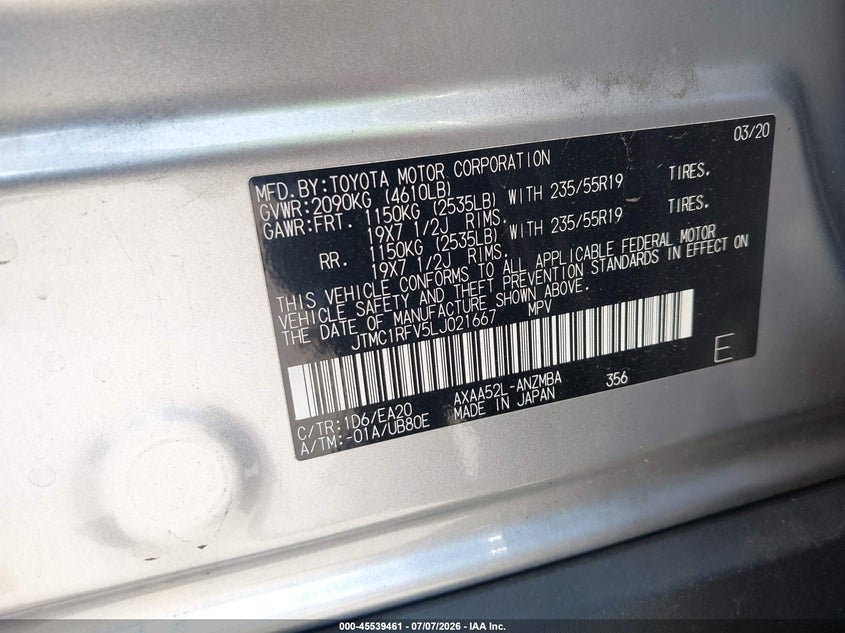 2020 Toyota Rav 4 VIN JTMC1RFV5LJ021667 IAAI salvage auction — FRONT END, Salvage Title, sold $10,300 on 2026-07-12 (photo 9)