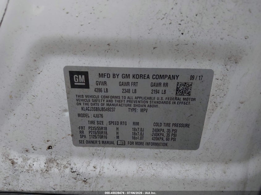 2018 Buick Encore VIN KL4CJ3SB9JB549237 IAAI salvage auction — LEFT REAR, Salvage (Ohio), sold $450 on 2026-07-28 (photo 9)