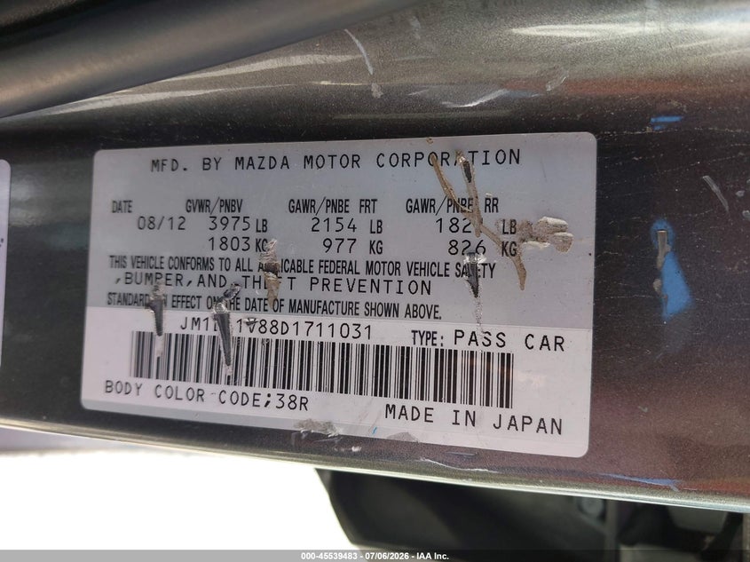 2013 Mazda 3 VIN JM1BL1V88D1711031 IAAI salvage auction — RIGHT FRONT, Salvage (California), sold $400 on 2026-07-16 (photo 9)