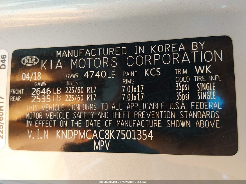 2019 Kia Sportage VIN KNDPMCAC8K7501354 IAAI salvage auction — THEFT, Salvage Title, sold $2,900 on 2026-08-02 (photo 9)