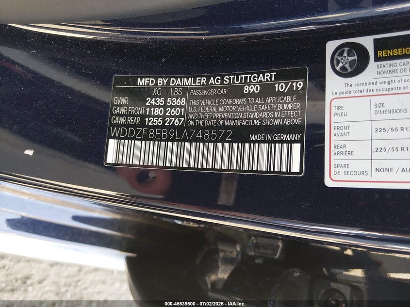 2020 Mercedes-benz E-klasse VIN WDDZF8EB9LA748572 IAAI salvage auction — FRONT END, Salvage (Idaho), sold $11,000 on 2026-08-03 (photo 9)