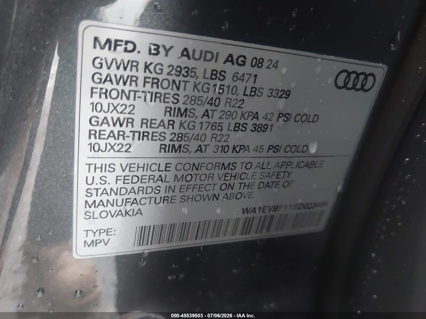 2025 Audi Q8 VIN WA1EVBF11SD003465 IAAI salvage auction — FRONT END, Salvage Title, sold $31,150 on 2026-09-16 (photo 9)