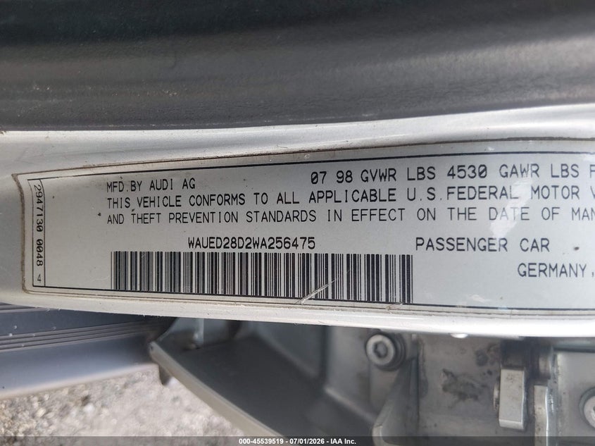 1998 Audi A4 VIN WAUED28D2WA256475 IAAI salvage auction — NORMAL WEAR, Clear (Maryland), sold $225 on 2026-07-30 (photo 9)