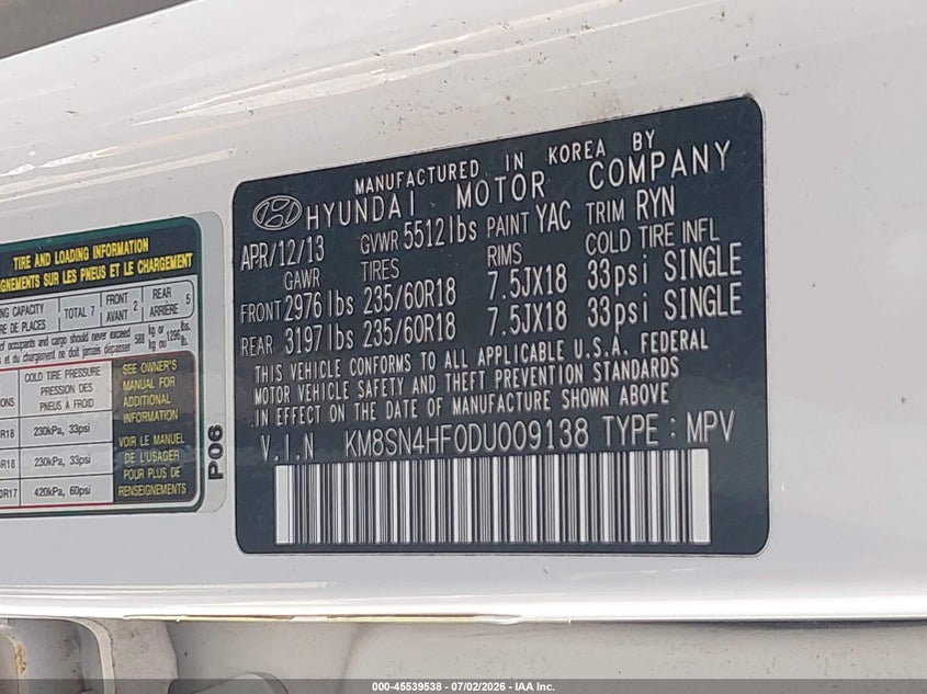 2013 Hyundai Santa fe VIN KM8SN4HF0DU009138 IAAI salvage auction — NORMAL WEAR, Clear (Indiana), sold $1,425 on 2026-07-09 (photo 9)