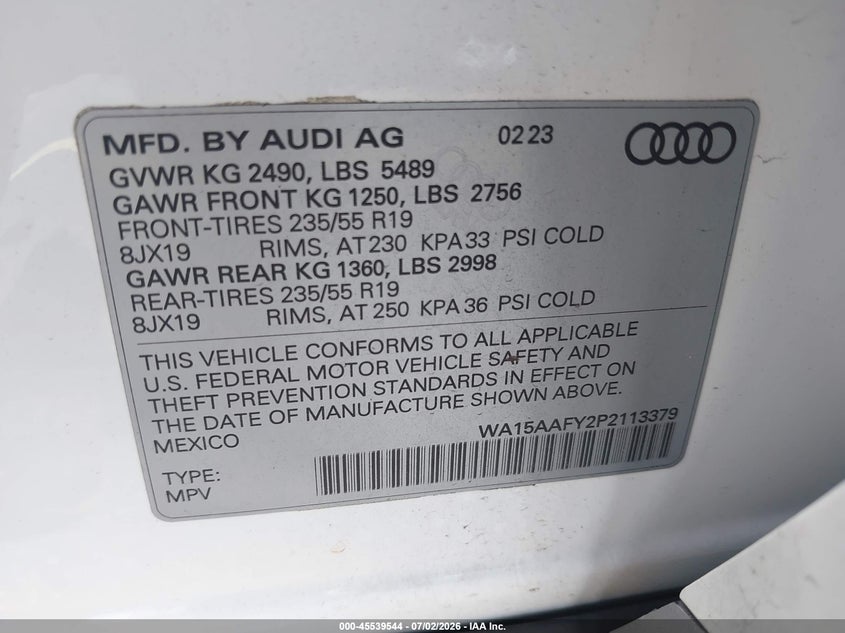 2023 Audi Q5 sportback VIN WA15AAFY2P2113379 IAAI salvage auction — RIGHT FRONT, Rebuildable (Florida), sold $15,700 on 2026-07-30 (photo 9)