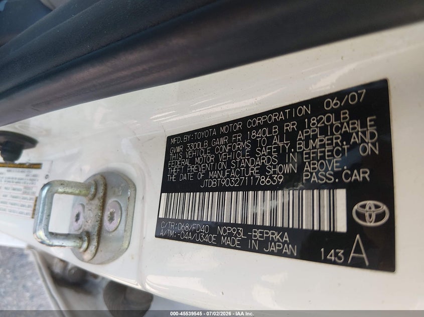 2007 Toyota Yaris VIN JTDBT903271178639 IAAI salvage auction — NORMAL WEAR, Clear (Colorado), sold $1,325 on 2026-07-14 (photo 9)