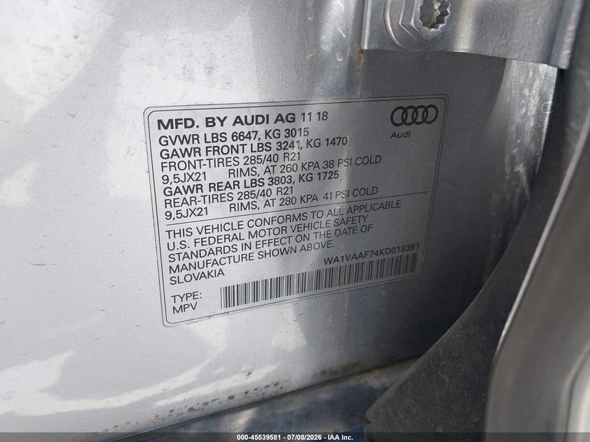 2019 Audi Q7 VIN WA1VAAF74KD018391 IAAI salvage auction — LEFT REAR, Salvage Title, sold $13,700 on 2026-07-27 (photo 9)
