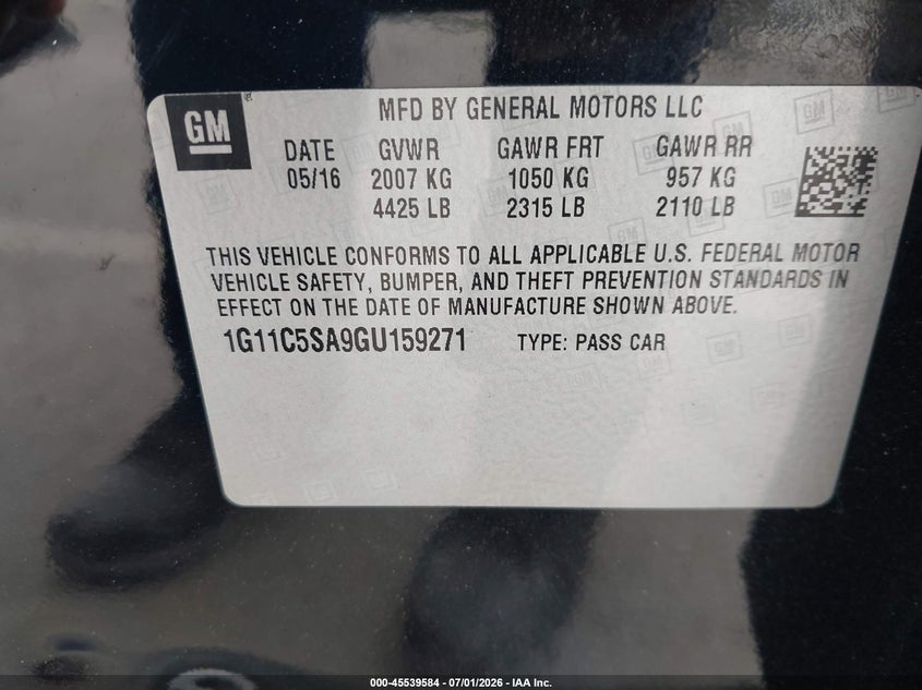 2016 Chevrolet VIN 1G11C5SA9GU159271 IAAI salvage auction — SIDE, Salvage (California), sold $775 on 2026-07-10 (photo 9)