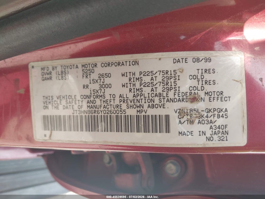 2000 Toyota 4runner VIN JT3HN86R6Y0260055 IAAI salvage auction — SIDE, Salvage (Tennessee), sold $1,800 on 2026-07-16 (photo 9)