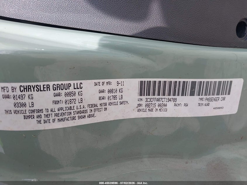 2012 Fiat 500 VIN 3C3CFFAR7CT194789 IAAI salvage auction — NORMAL WEAR, Original (Texas), sold $300 on 2026-08-10 (photo 9)