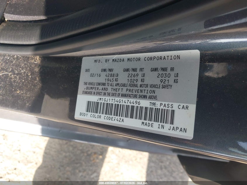 2016 Mazda 6 VIN JM1GJ1T54G1474496 IAAI salvage auction — FRONT END, Clear (Virginia), sold $825 on 2026-07-24 (photo 9)
