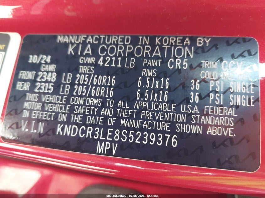 2025 Kia Niro VIN KNDCR3LE8S5239376 IAAI salvage auction — FRONT END, Wait Title, sold $8,400 on 2026-08-20 (photo 9)