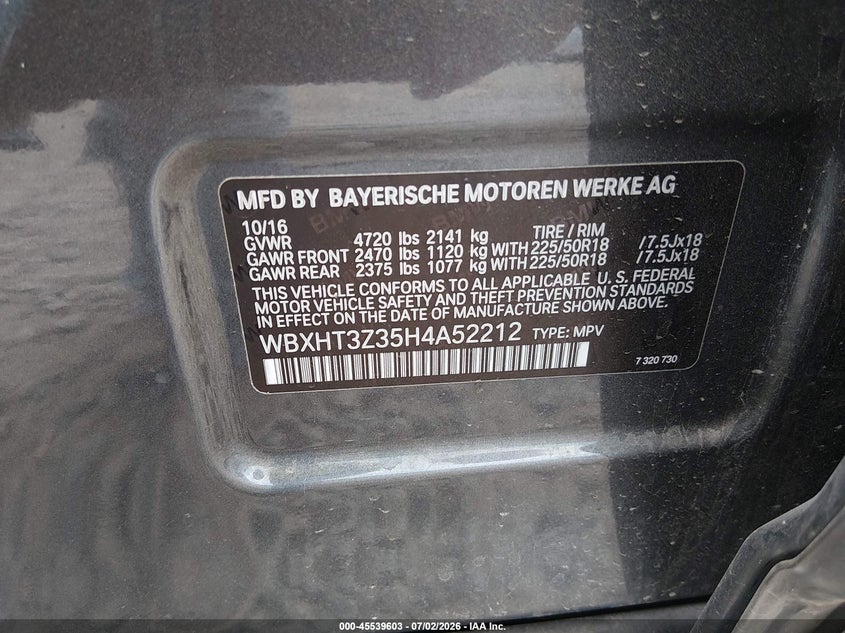 2017 BMW X1 VIN WBXHT3Z35H4A52212 IAAI salvage auction — SIDE, Salvage Title, sold $2,700 on 2026-07-17 (photo 9)