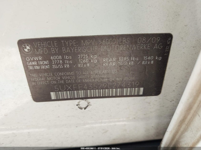 2009 BMW X5 VIN 5UXFE43529L274319 IAAI salvage auction — NORMAL WEAR, Original (Texas), sold $500 on 2026-07-29 (photo 9)
