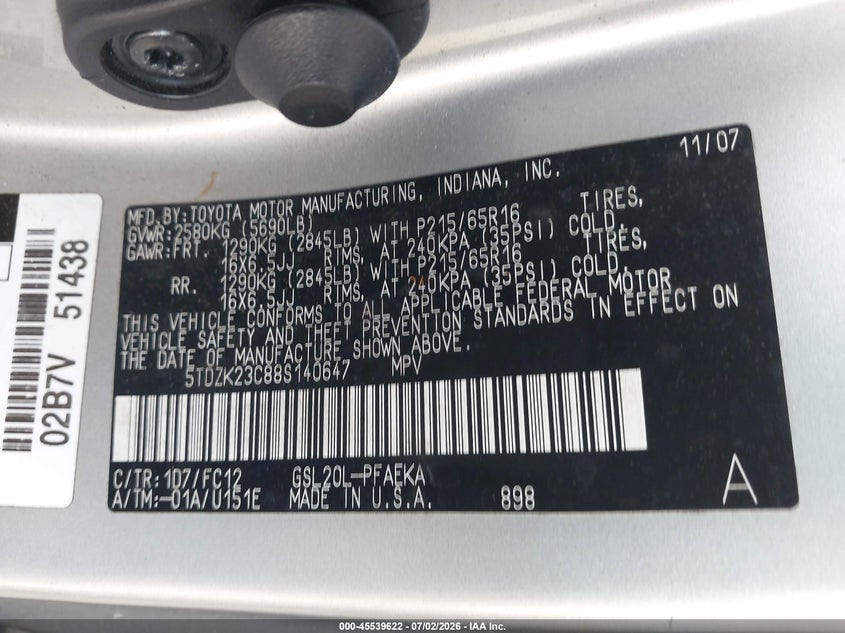 2008 Toyota Sienna VIN 5TDZK23C88S140647 IAAI salvage auction — NORMAL WEAR, Clear (Florida), sold $700 on 2026-07-28 (photo 9)