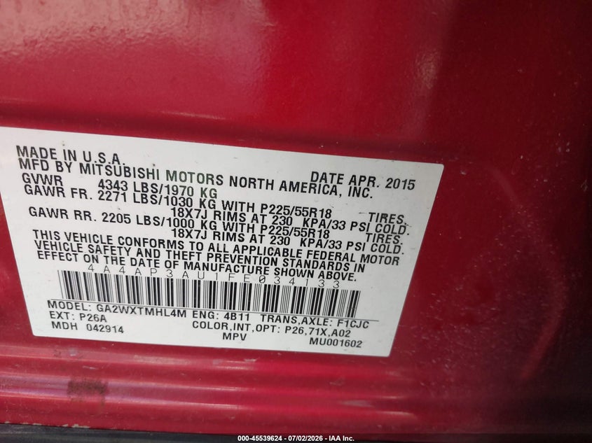 2015 Mitsubishi Outlander VIN 4A4AP3AU1FE034133 IAAI salvage auction — FRONT END, Enterprise Vehicles Clear Only (Texas), sold $825 on 2026-07-09 (photo 9)