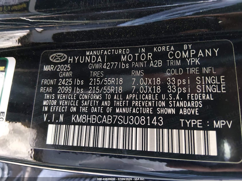 2025 Hyundai Kona VIN KM8HBCAB7SU308143 IAAI salvage auction — RIGHT FRONT, Enterprise Vehicles Clear Only (Ohio), sold $13,450 on 2026-07-09 (photo 9)