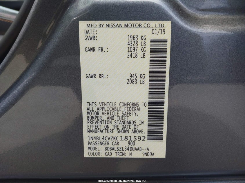 2019 Nissan Altima VIN 1N4BL4CV2KC181592 IAAI salvage auction — REAR END, Salvage Title, sold $2,750 on 2026-07-10 (photo 9)