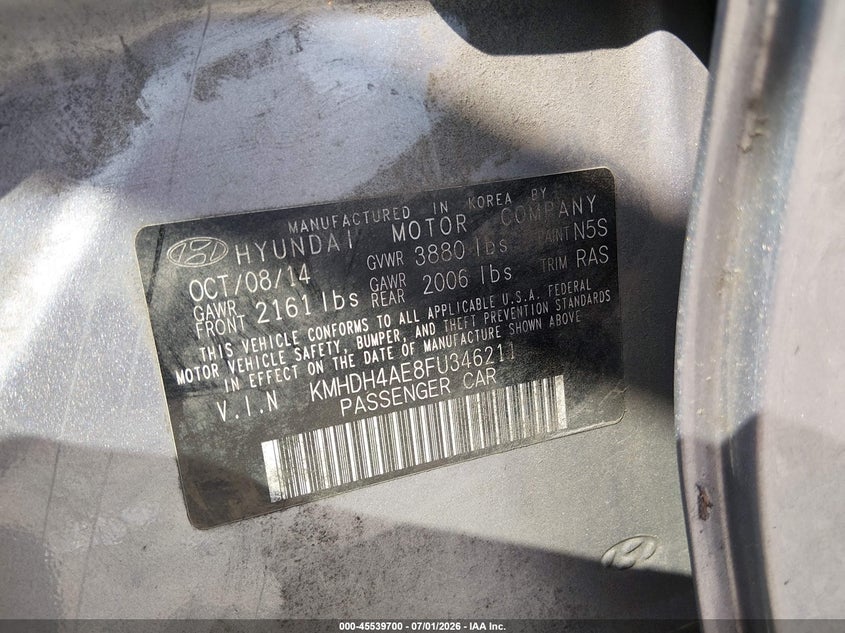 2015 Hyundai Elantra VIN KMHDH4AE8FU346211 IAAI salvage auction — NORMAL WEAR, Clear (Pennsylvania), sold $2,950 on 2026-07-16 (photo 9)