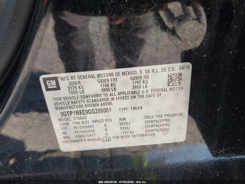 2016 Gmc SIERRA VIN 3GTP1NEC9GG286061 IAAI salvage auction — FRONT & REAR, Salvage Title, sold $3,900 on 2026-08-01 (photo 9)