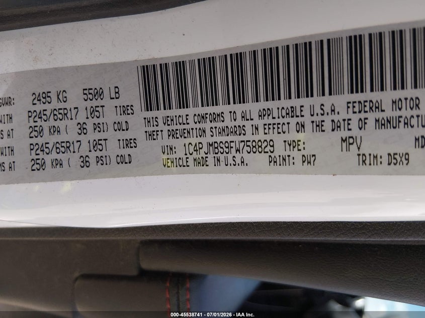 2015 Jeep Cherokee VIN 1C4PJMBS9FW758829 IAAI salvage auction — NORMAL WEAR, Original (Texas), sold $2,550 on 2026-07-10 (photo 9)