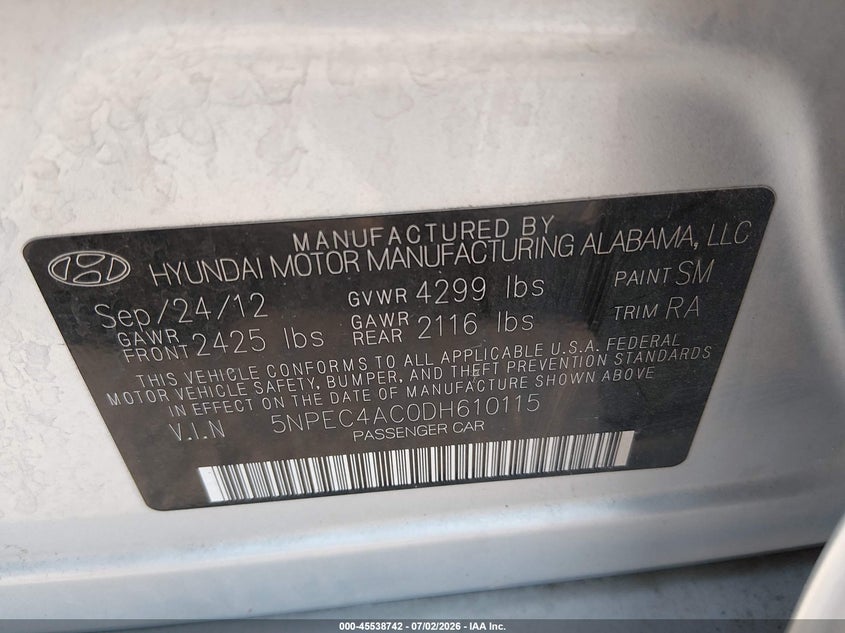 2013 Hyundai Sonata VIN 5NPEC4AC0DH610115 IAAI salvage auction — NORMAL WEAR, Regular Certificate (Iowa), sold $1,100 on 2026-07-14 (photo 9)