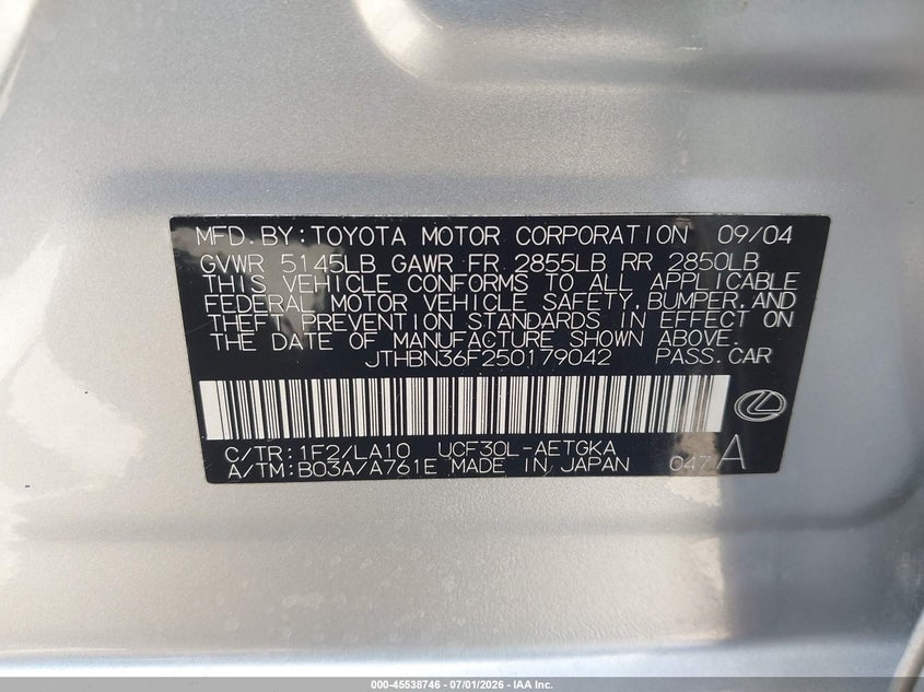 2005 Lexus Ls 430 VIN JTHBN36F250179042 IAAI salvage auction — NORMAL WEAR, Clear - Dealer Only (California), sold $1,100 on 2026-07-20 (photo 9)