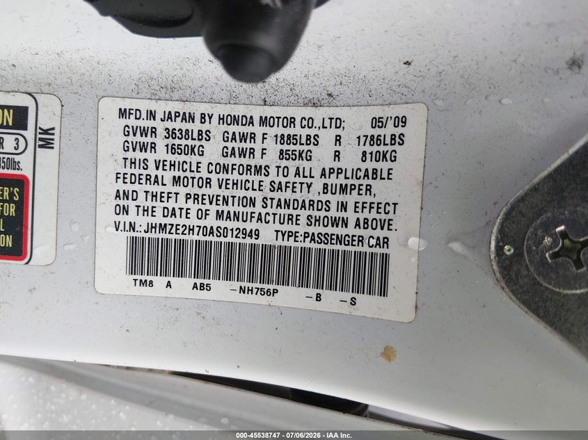 2010 Honda Insight VIN JHMZE2H70AS012949 IAAI salvage auction — FRONT END, Salvage (Idaho), sold $25 on 2026-07-28 (photo 9)