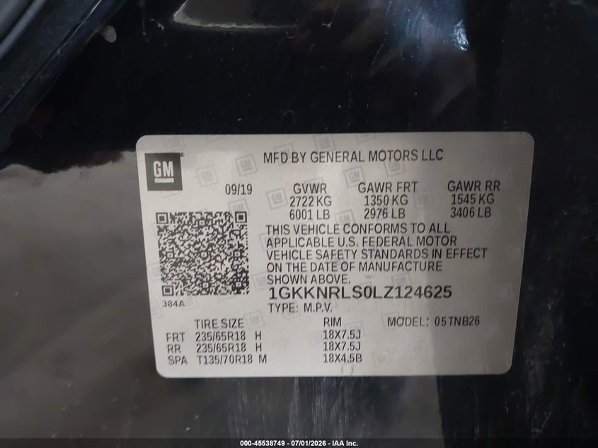 2020 Gmc Acadia VIN 1GKKNRLS0LZ124625 IAAI salvage auction — ALL OVER, SF97 (New Hampshire), sold $14,300 on 2026-07-31 (photo 9)