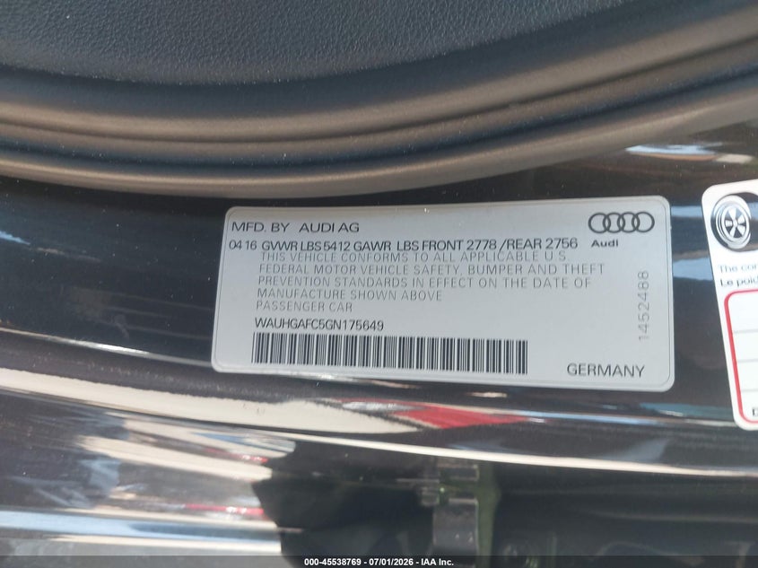 2016 Audi A6 VIN WAUHGAFC5GN175649 IAAI salvage auction — NORMAL WEAR, Clear - Dealer Only (California), sold $2,650 on 2026-07-28 (photo 9)