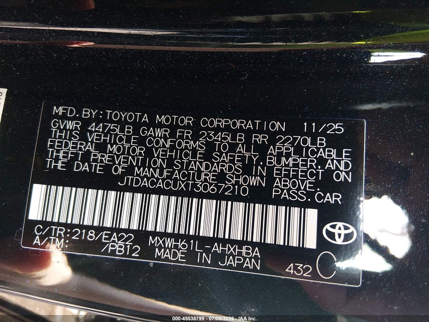 2026 Toyota Prius VIN JTDACACUXT3067210 IAAI salvage auction — REAR END, Salvage (North Carolina), sold $10,800 on 2026-07-29 (photo 9)