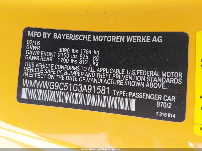 2016 Mini Convertible VIN WMWWG9C51G3A91581 IAAI salvage auction — SIDE, Salvage Title, sold $2,100 on 2026-08-15 (photo 9)