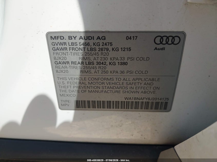 2018 Audi Q5 VIN WA1BNAFY8J2014175 IAAI salvage auction — NORMAL WEAR, Clear-Dealer Only (North Carolina), sold $6,400 on 2026-07-13 (photo 9)