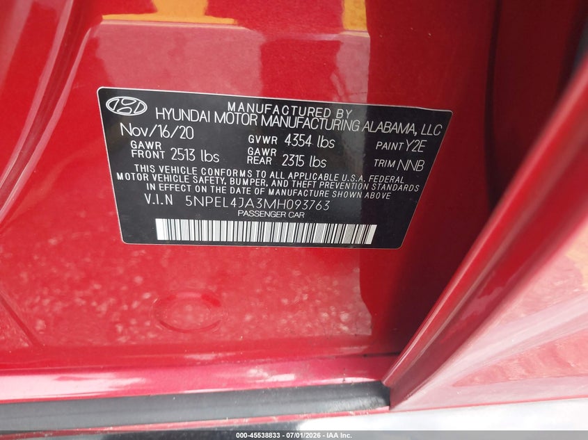 2021 Hyundai Sonata VIN 5NPEL4JA3MH093763 IAAI salvage auction — LEFT SIDE, Clear (Florida), sold $2,275 on 2026-07-16 (photo 9)