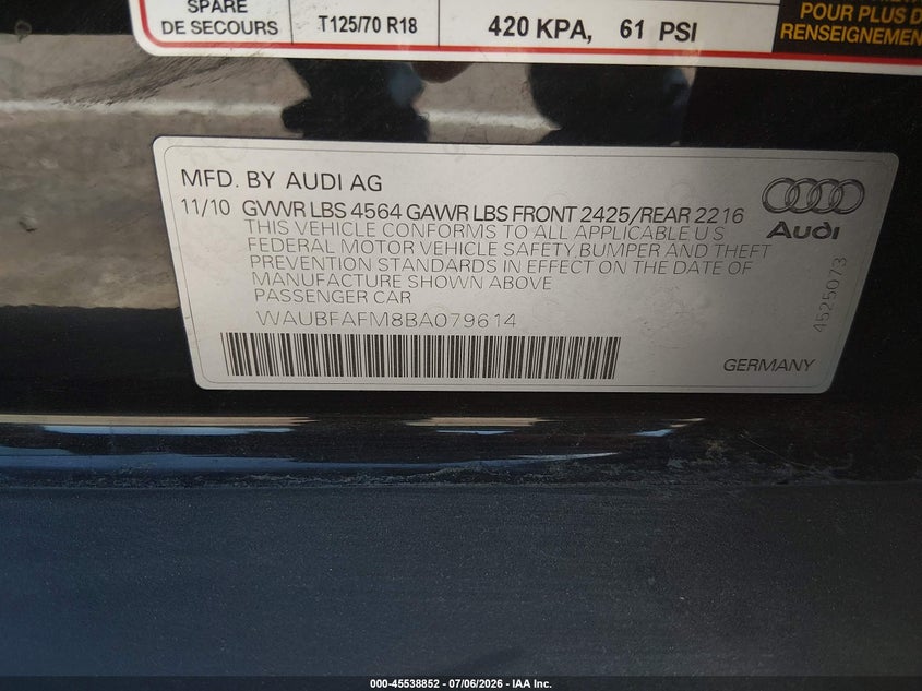 2011 Audi A3 VIN WAUBFAFM8BA079614 IAAI salvage auction — REAR END, Salvage (California), sold $1,025 on 2026-07-22 (photo 9)