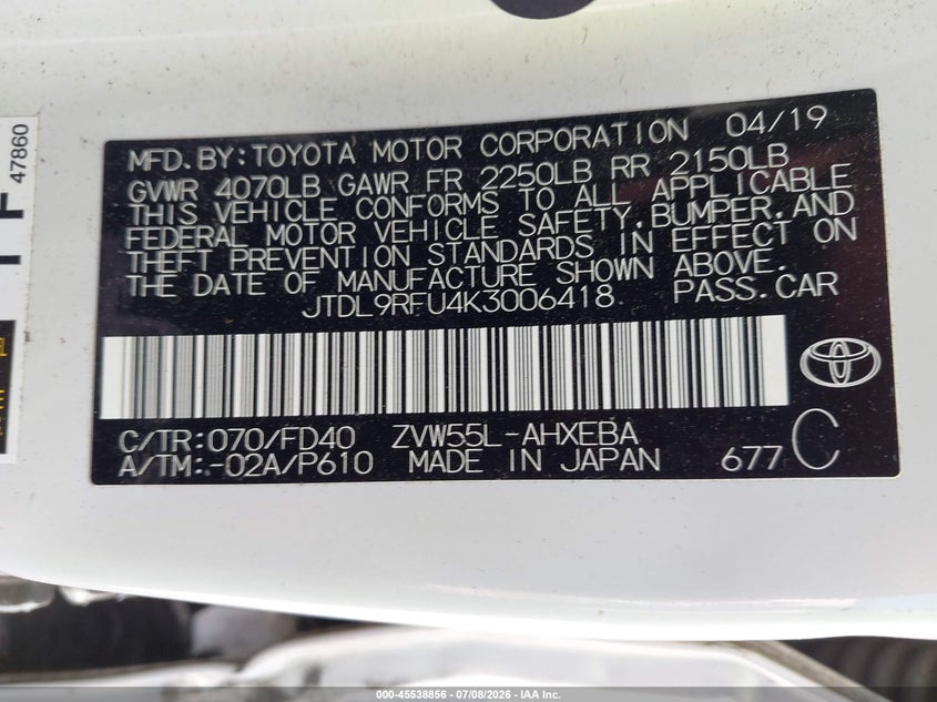 2019 Toyota Prius VIN JTDL9RFU4K3006418 IAAI salvage auction — LEFT SIDE, Salvage (Idaho), sold $5,200 on 2026-07-27 (photo 9)
