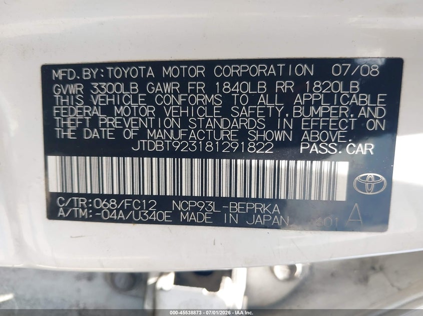 2008 Toyota Yaris VIN JTDBT923181291822 IAAI salvage auction — NORMAL WEAR, Salvage (California), sold $375 on 2026-07-29 (photo 9)