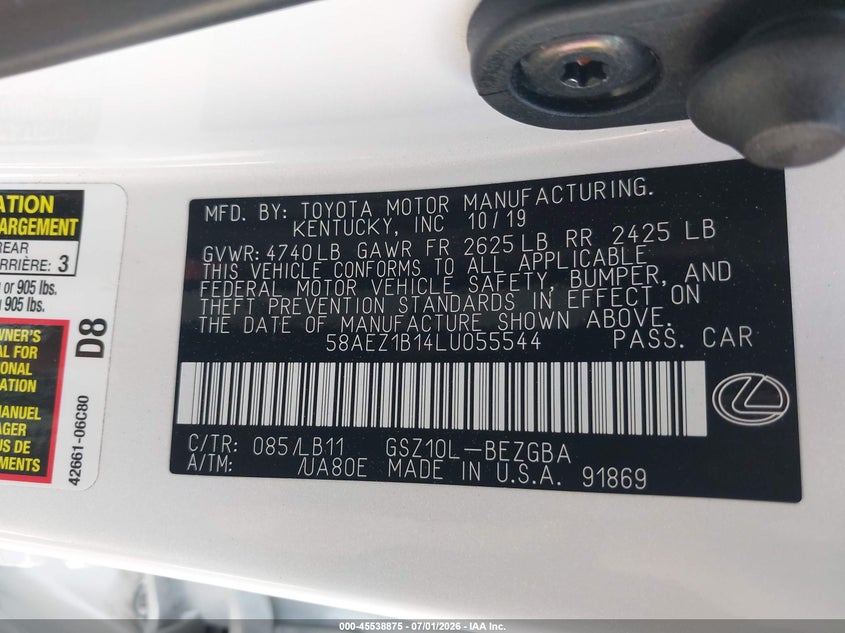 2020 Lexus VIN 58AEZ1B14LU055544 IAAI salvage auction — FRONT END, Salvage (California), sold $18,000 on 2026-07-10 (photo 9)