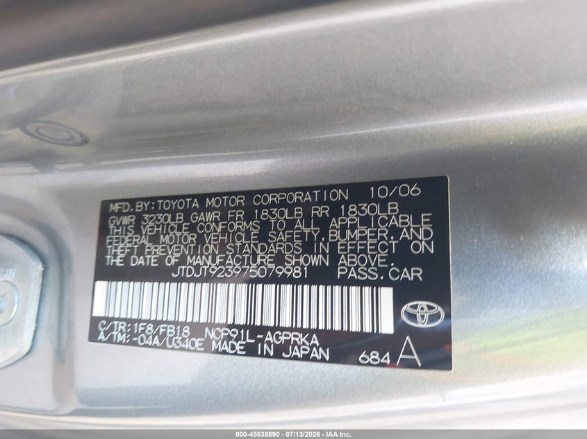2007 Toyota Yaris VIN JTDJT923975079981 IAAI salvage auction — NORMAL WEAR, Clear (North Dakota), sold $375 on 2026-07-16 (photo 9)