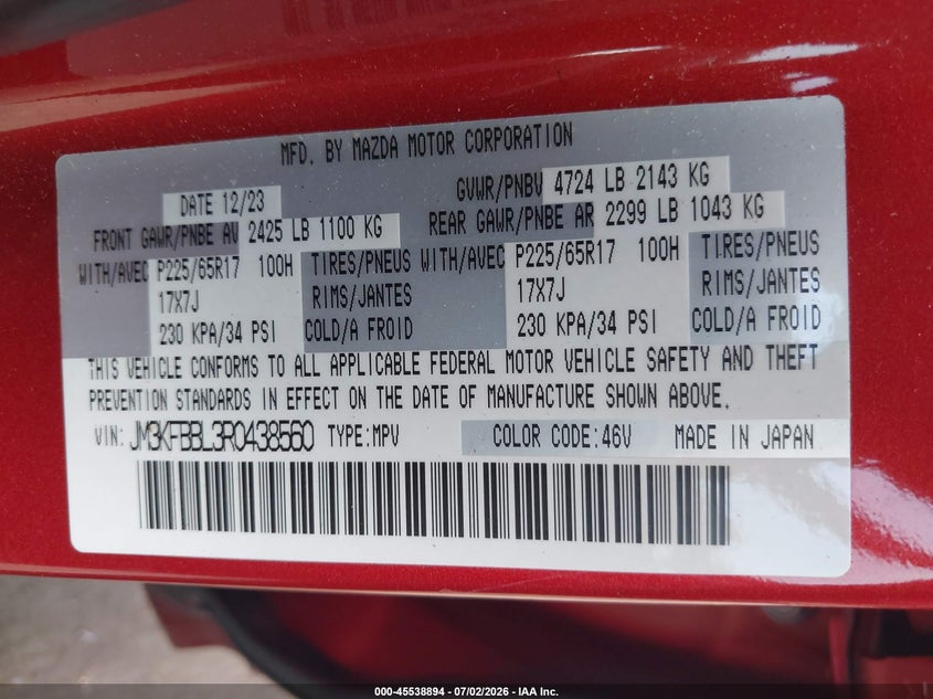 2024 Mazda Cx-5 VIN JM3KFBBL3R0438560 IAAI salvage auction — RIGHT SIDE, Salvage Title, sold $7,275 on 2026-08-22 (photo 9)