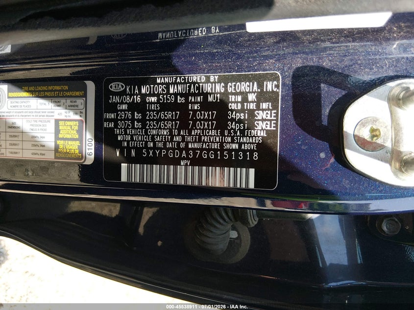 2016 Kia Sorento VIN 5XYPGDA37GG151318 IAAI salvage auction — FRONT END, Clear (Tennessee), sold $925 on 2026-08-02 (photo 9)